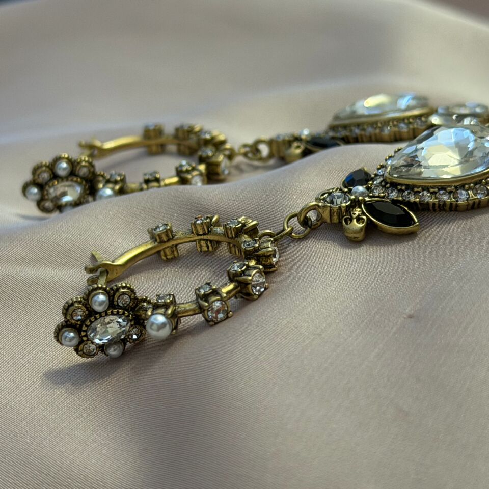 Antik Gold Kristal Salkım Küpe