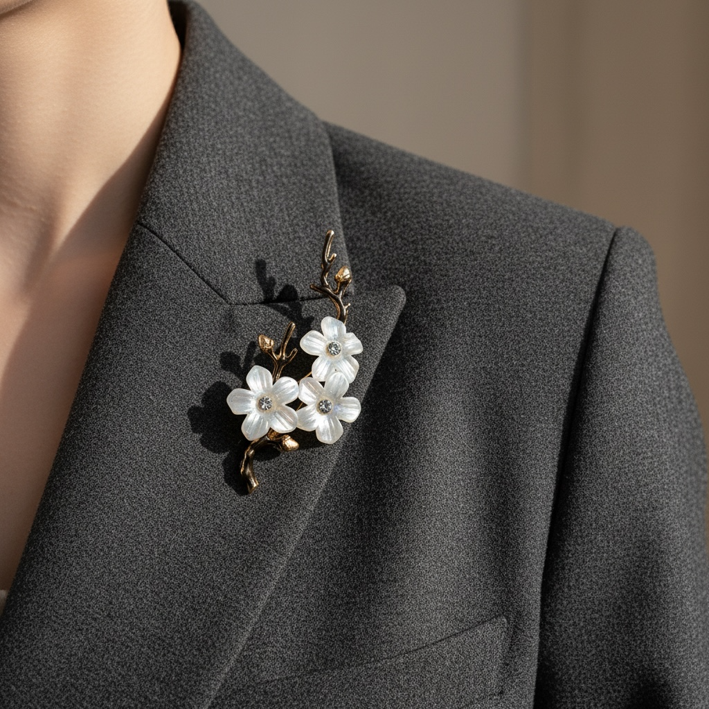 Sedef Görünümlü Beyaz Çiçekli Dal Broş