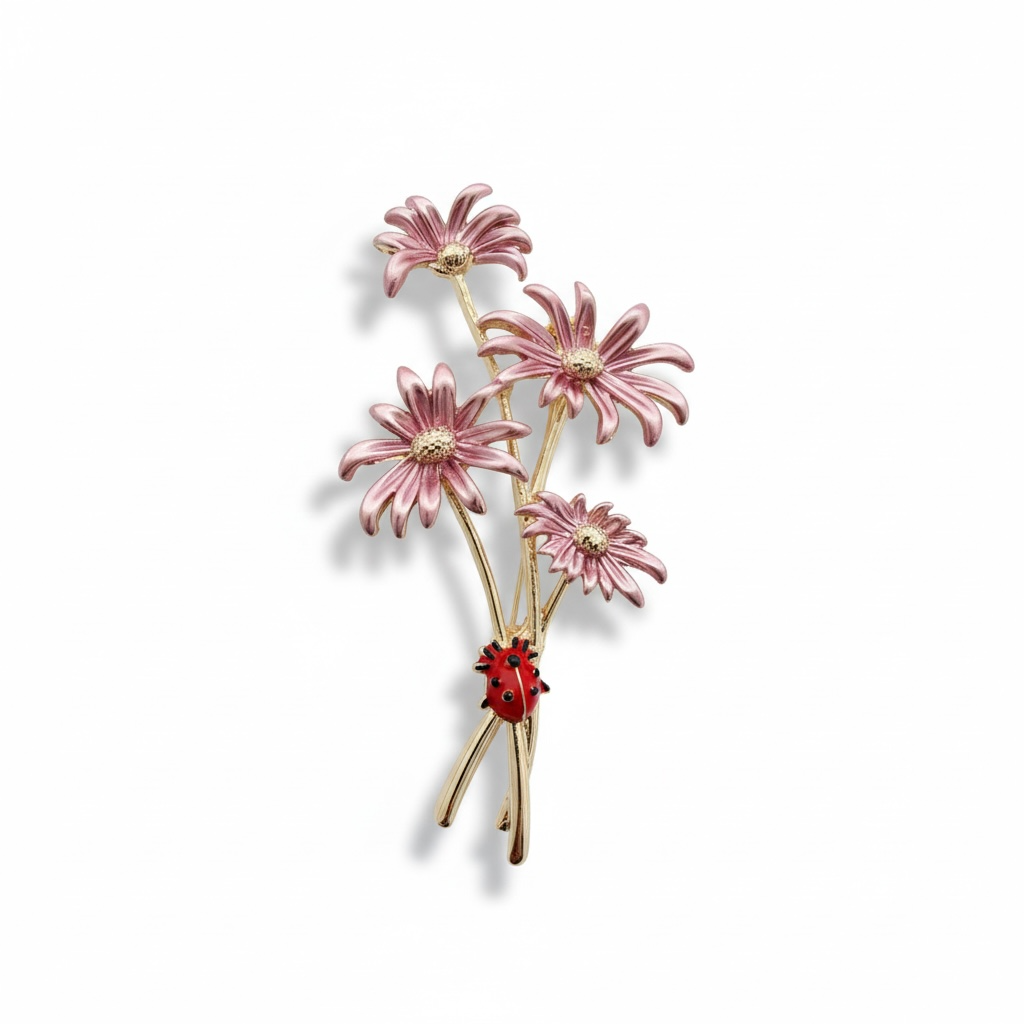 Pembe Papatyalar ve Uğur Böceği Broş