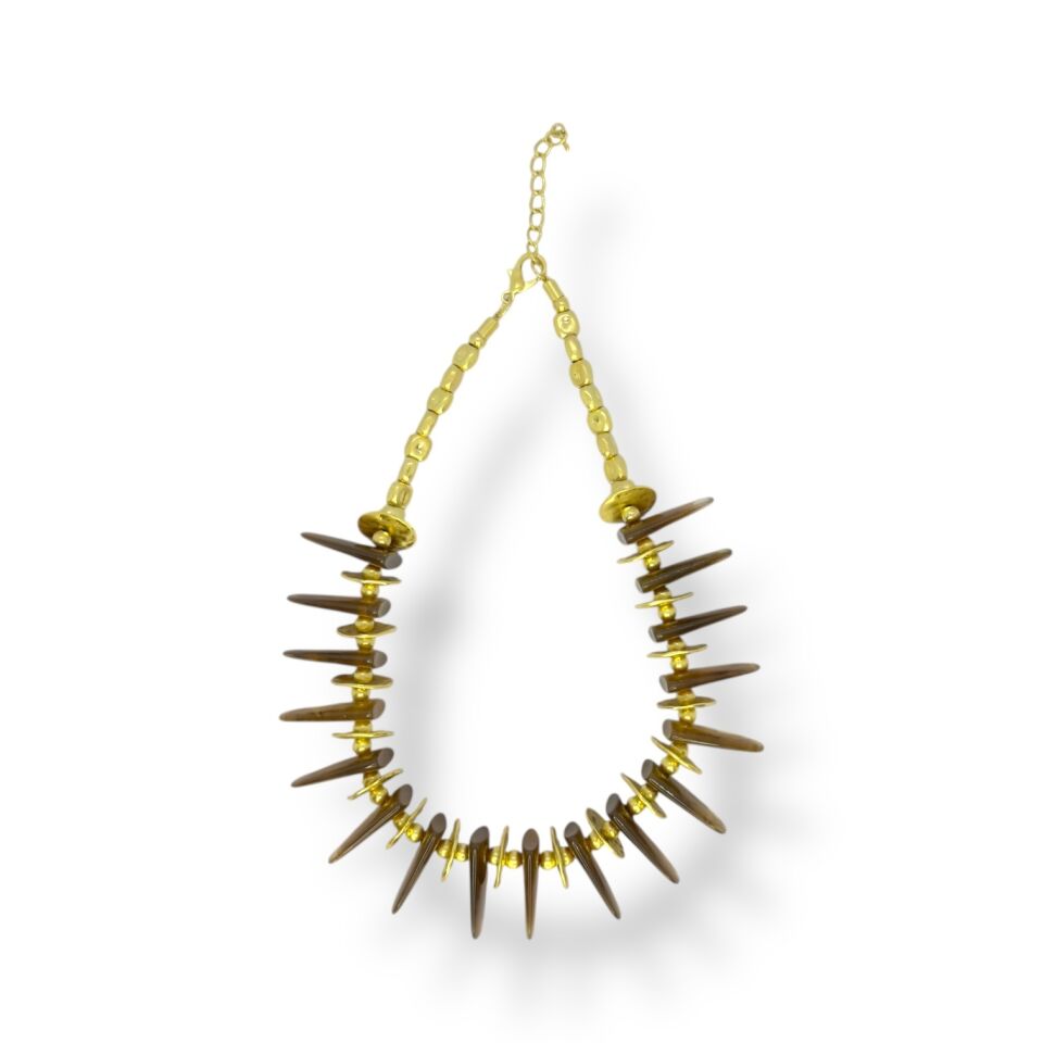 Etnik Kahverengi Resin Plakalı Gold Detaylı Kolye