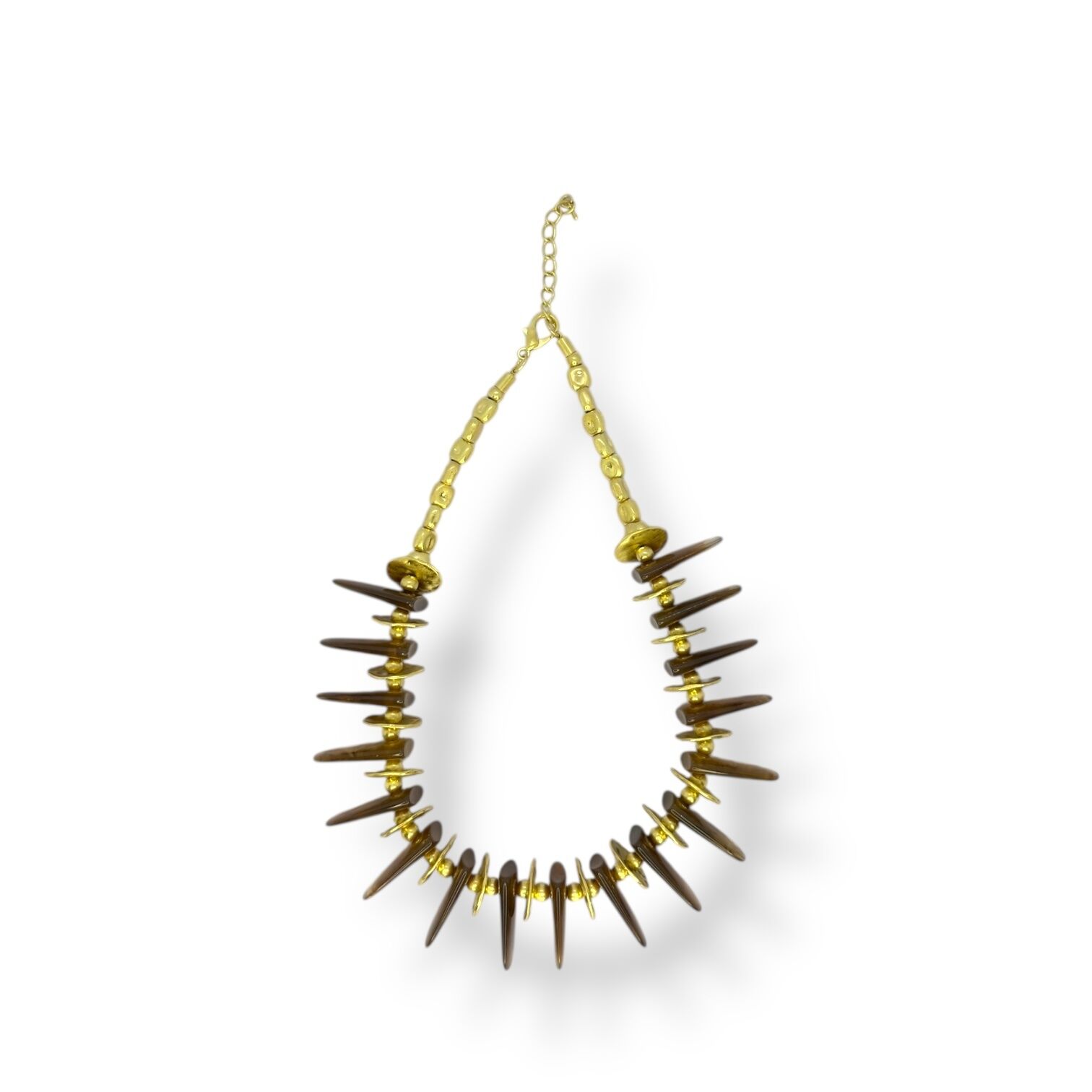 Etnik Kahverengi Resin Plakalı Gold Detaylı Kolye