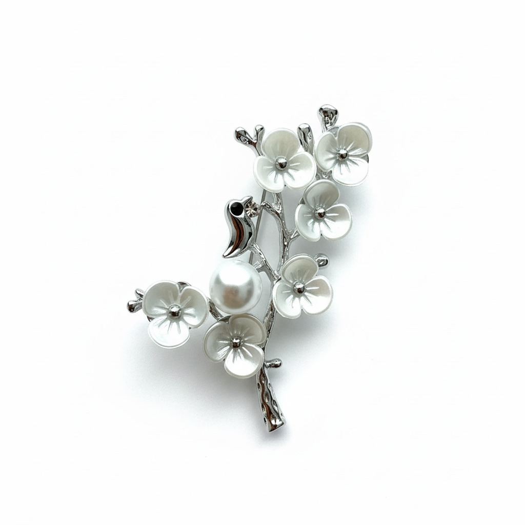 Gümüş Renk Kuşlu ve Çiçekli Broş