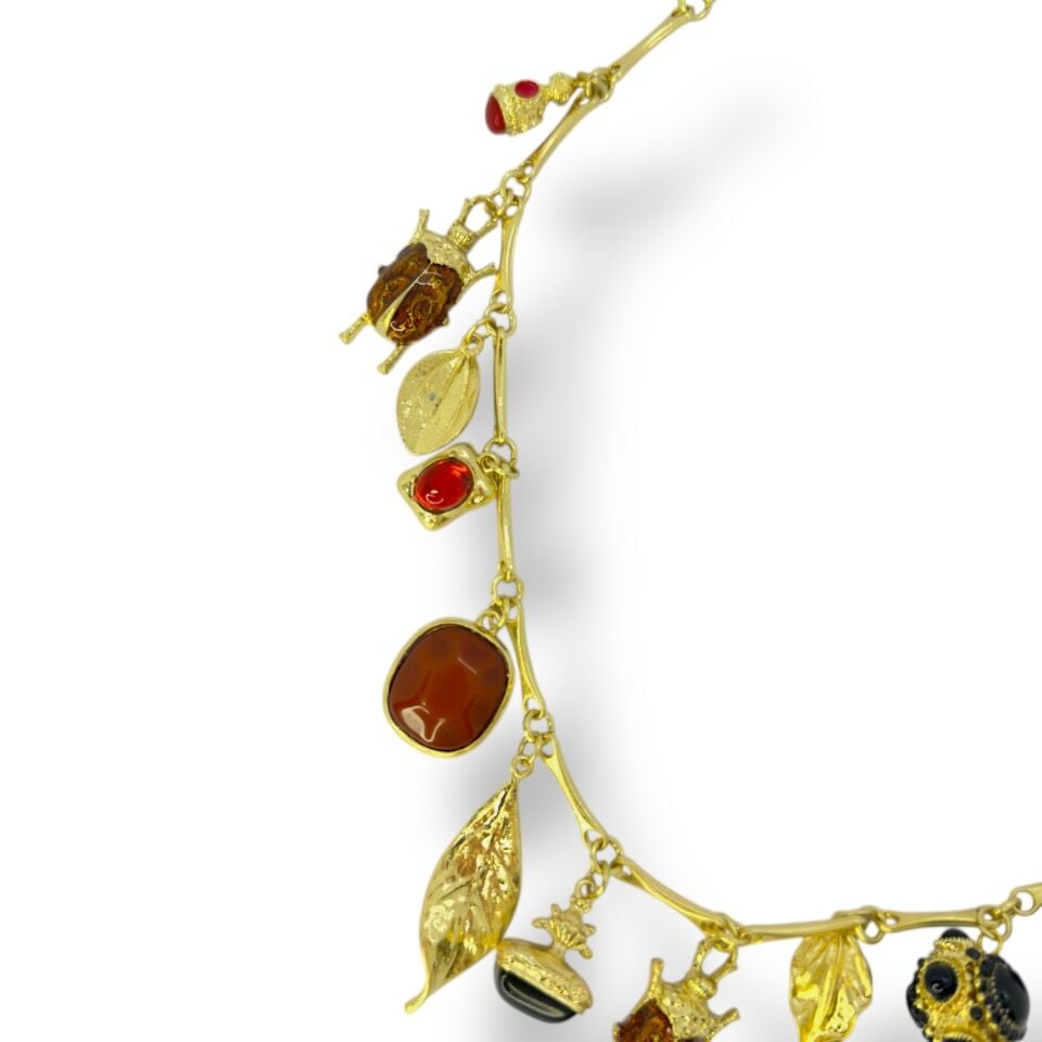 Vintage Tarzı Çoklu Charm Detaylı Gold Kolye