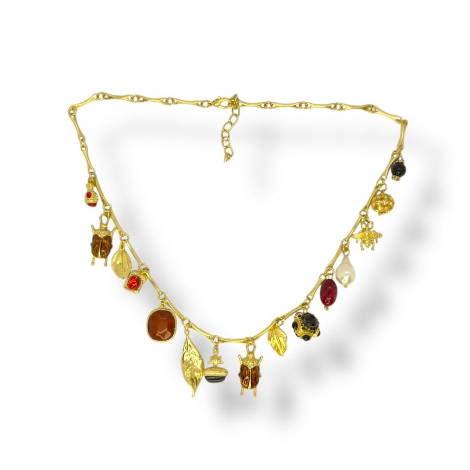 Vintage Tarzı Çoklu Charm Detaylı Gold Kolye
