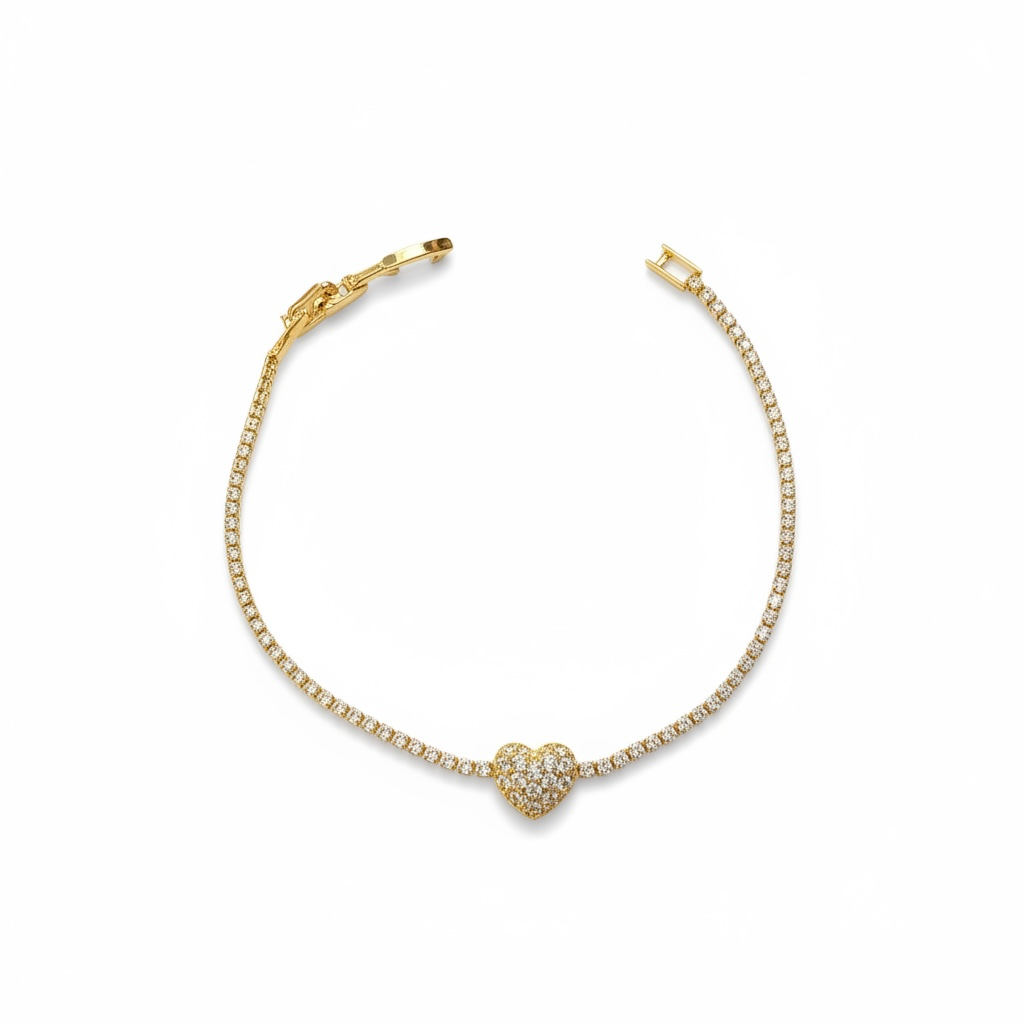 Kalp Figürlü Zirkon Taşlı Gold Suyolu Bileklik