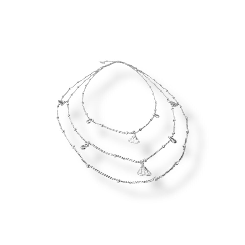 3 Sıralı Taş ve Yelpaze Charm Detaylı Zincir Kolye  (SILVER)
