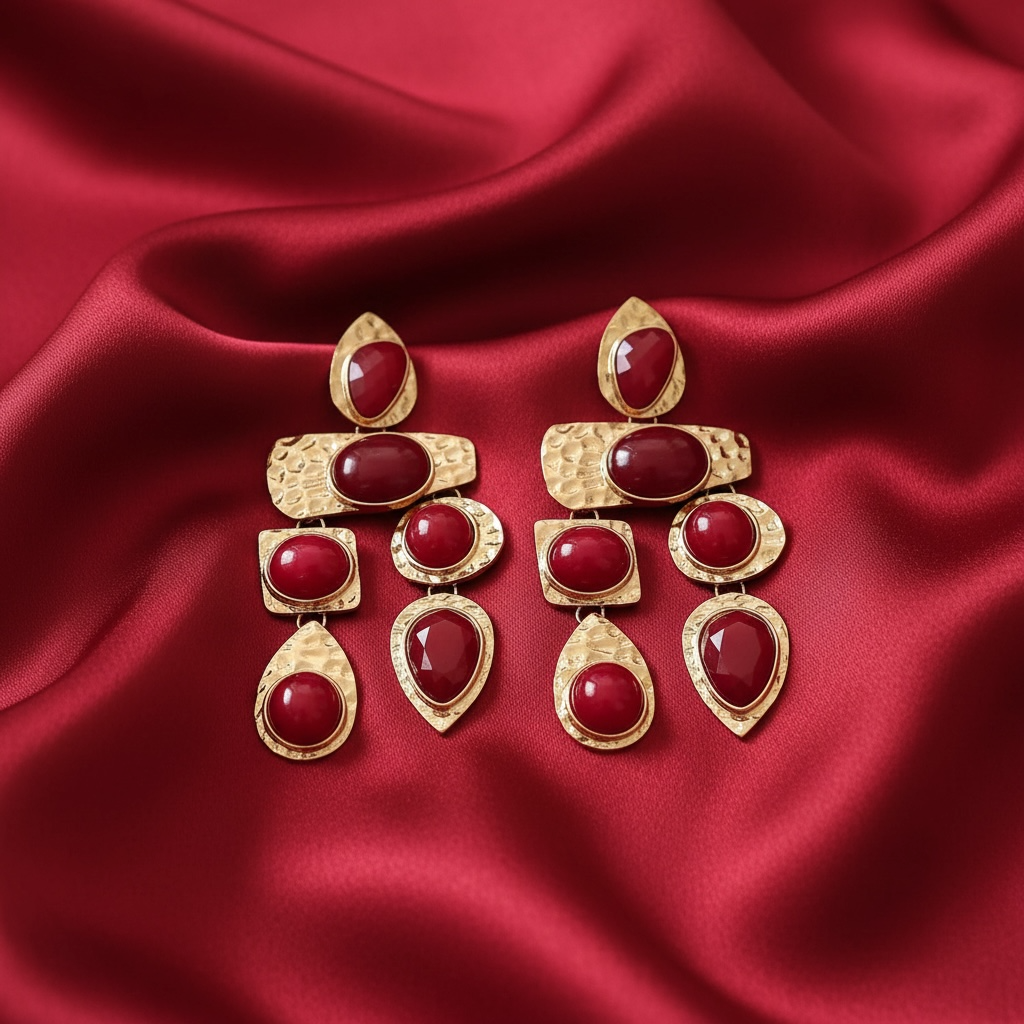 Dövme Dokulu Altın Kaplama Bordo Taşlı Küpe