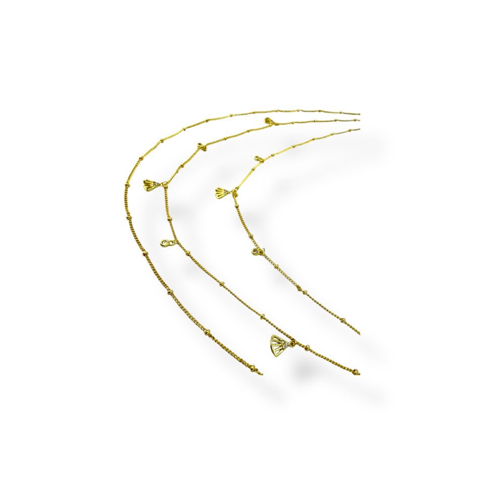 3 Sıralı Taş ve Yelpaze Charm Detaylı Zincir Kolye(GOLD)