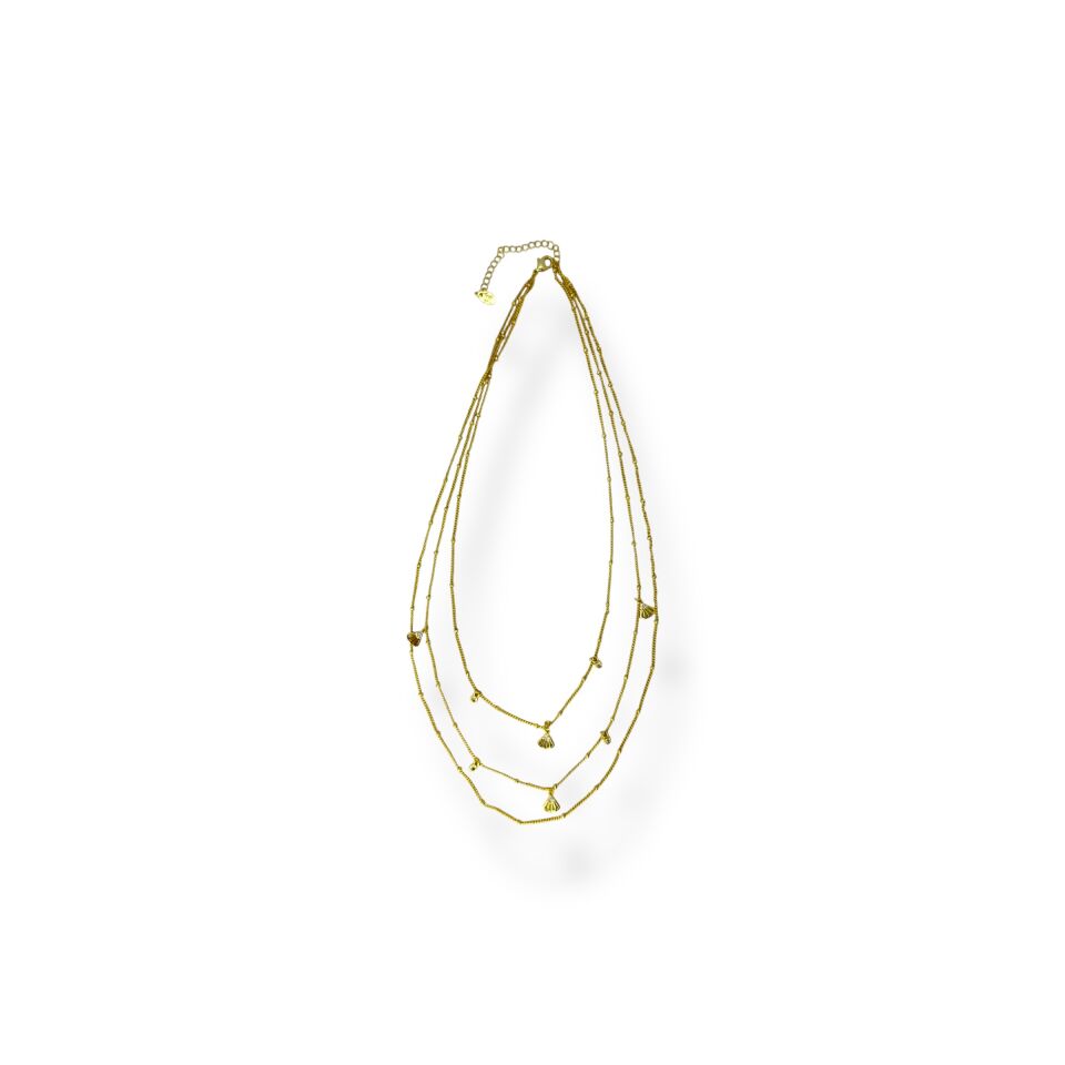 3 Sıralı Taş ve Yelpaze Charm Detaylı Zincir Kolye(GOLD)