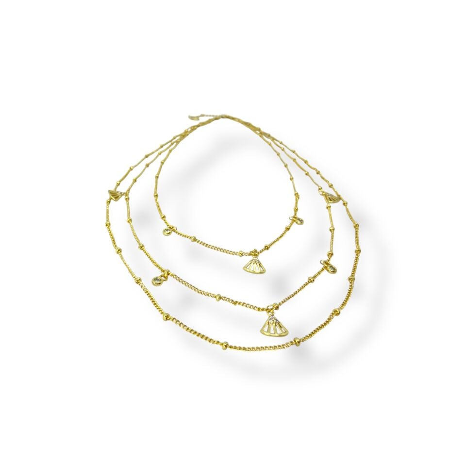3 Sıralı Taş ve Yelpaze Charm Detaylı Zincir Kolye(GOLD)