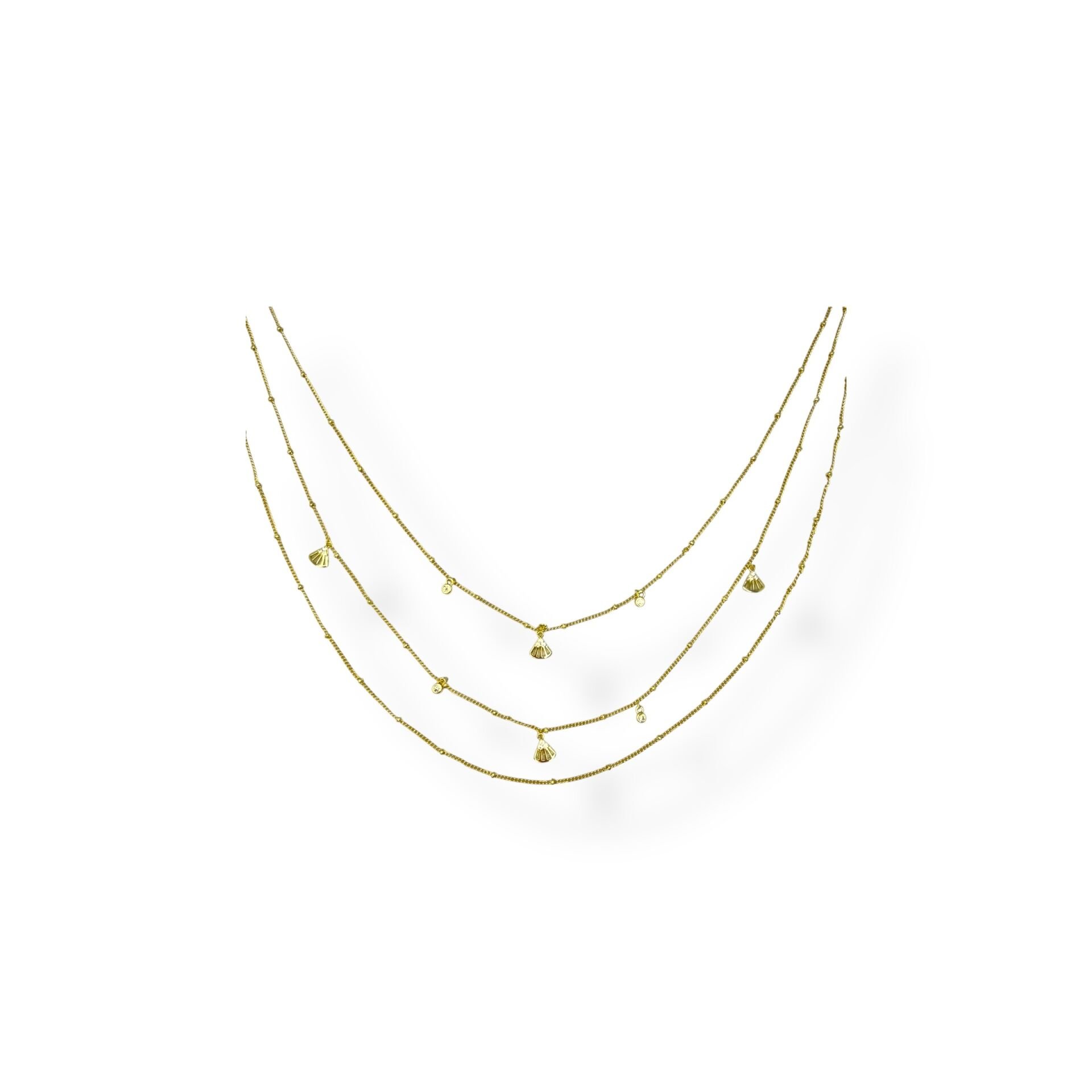 3 Sıralı Taş ve Yelpaze Charm Detaylı Zincir Kolye(GOLD)