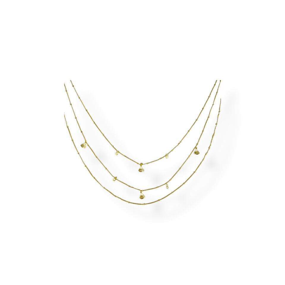 3 Sıralı Taş ve Yelpaze Charm Detaylı Zincir Kolye(GOLD)