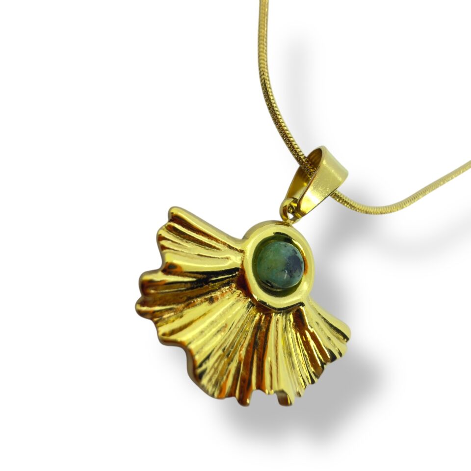 Art Deco Yelpaze Figürlü Gold Kolye  (YEŞİL TAŞLI)