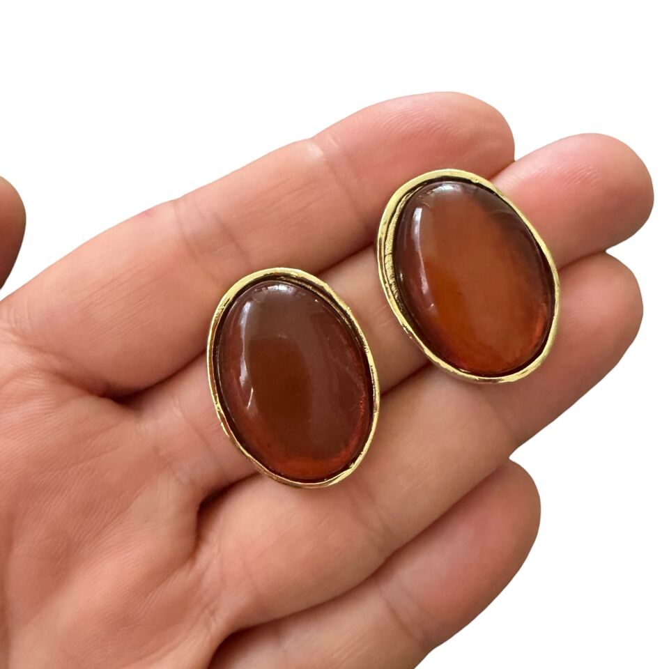 Vintage Kehribar Rengi Oval Küpe