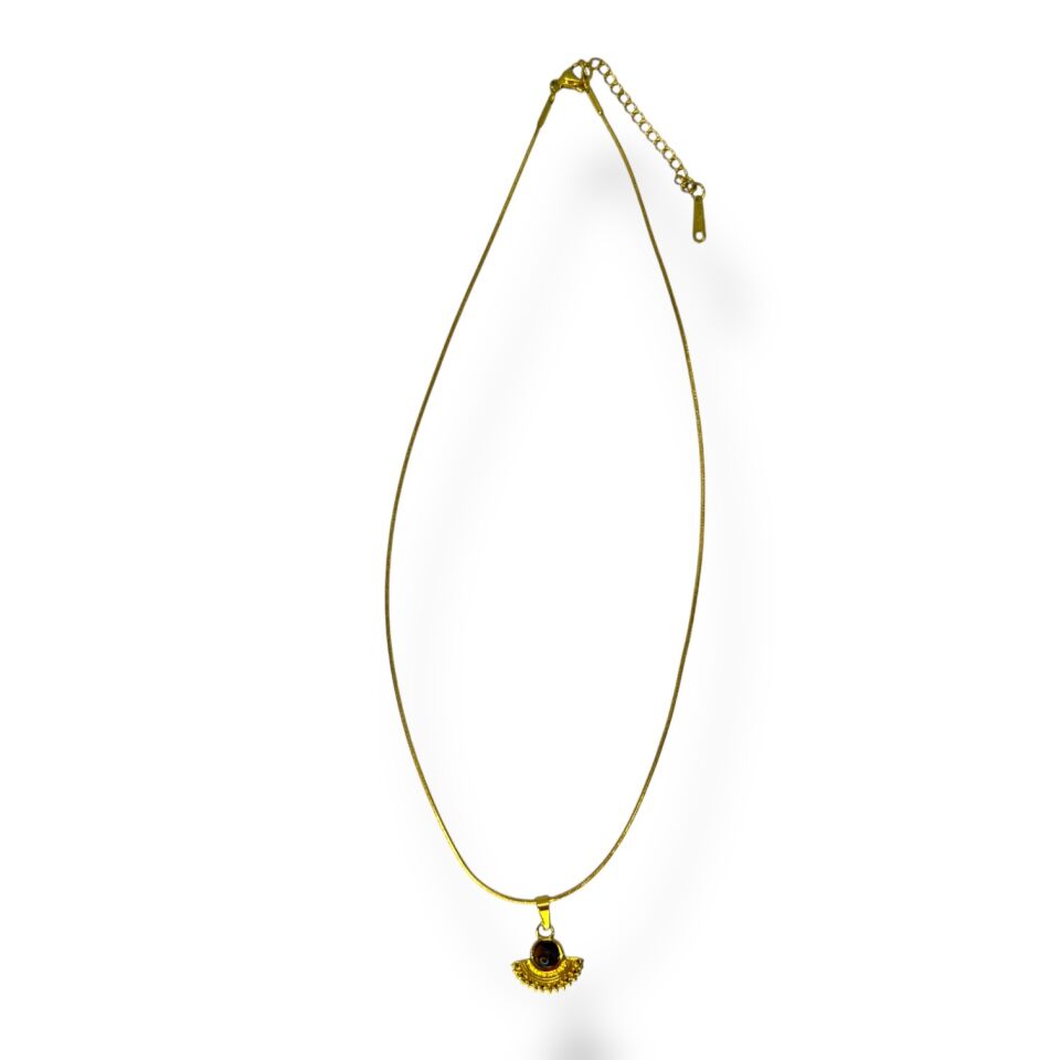 Art Deco Yelpaze Figürlü Gold Kolye (KAHVERENGİ TAŞLI)