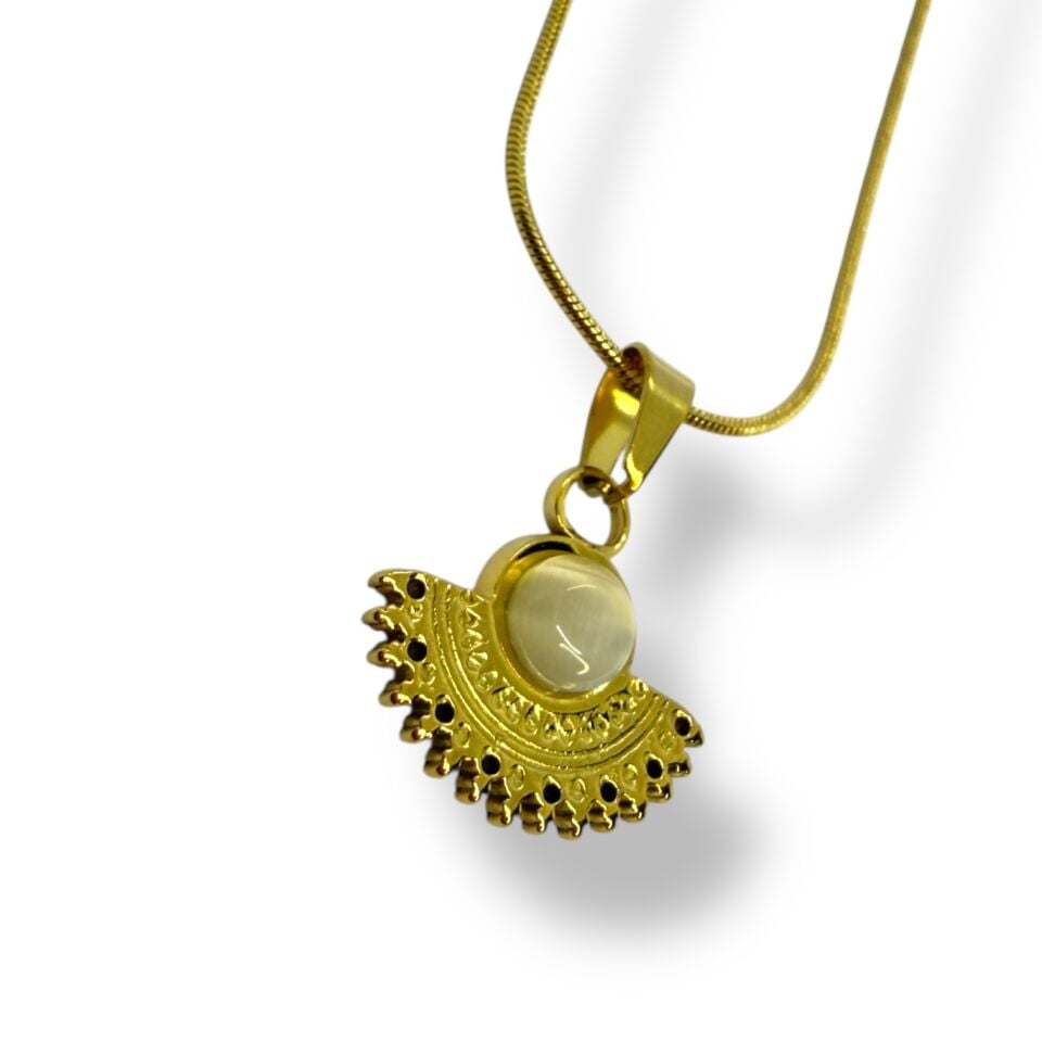 Art Deco Yelpaze Figürlü Gold Kolye (BEYAZ TAŞLI)