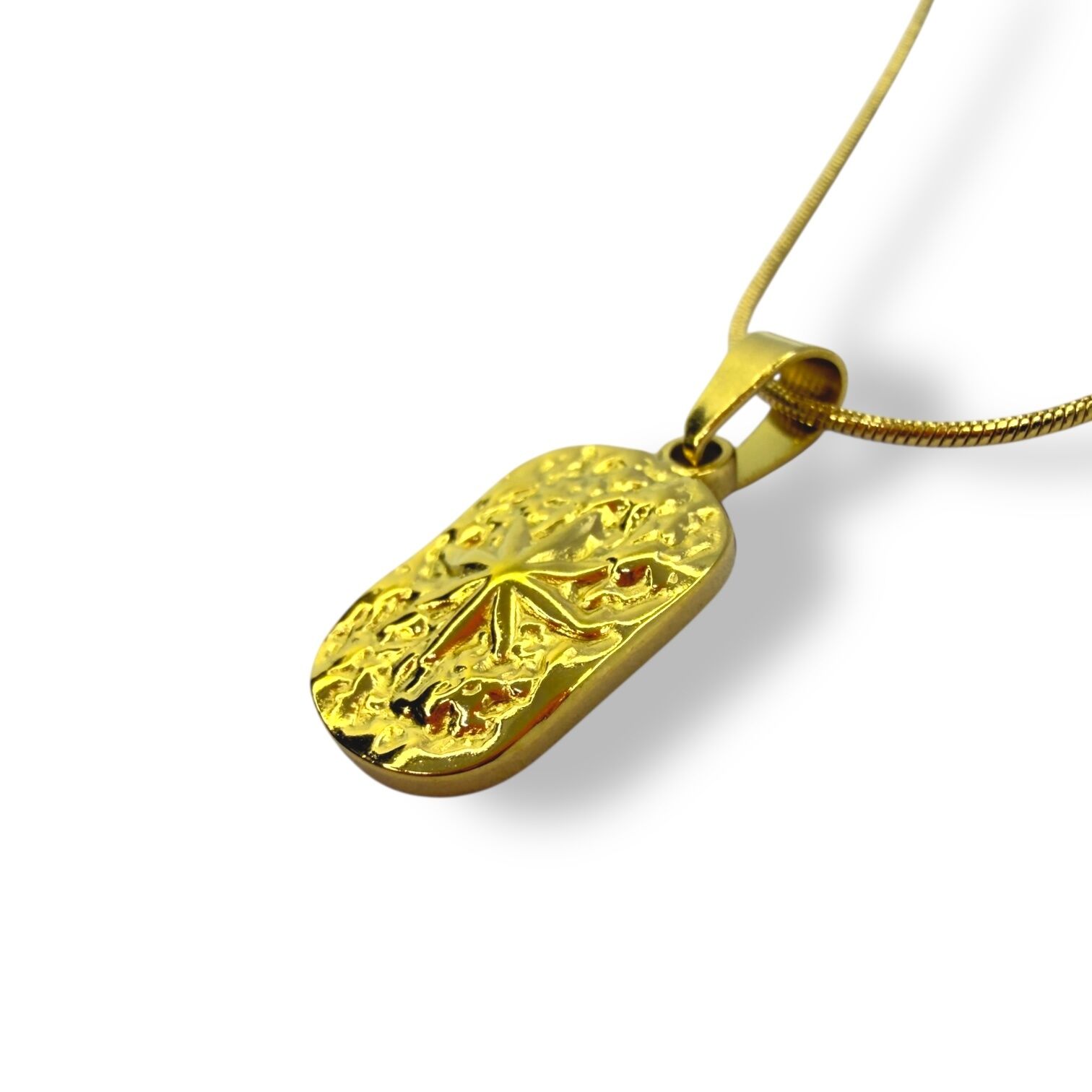 Kabartmalı Gold Yıldız Detaylı Dikdörtgen Plaka Kolye