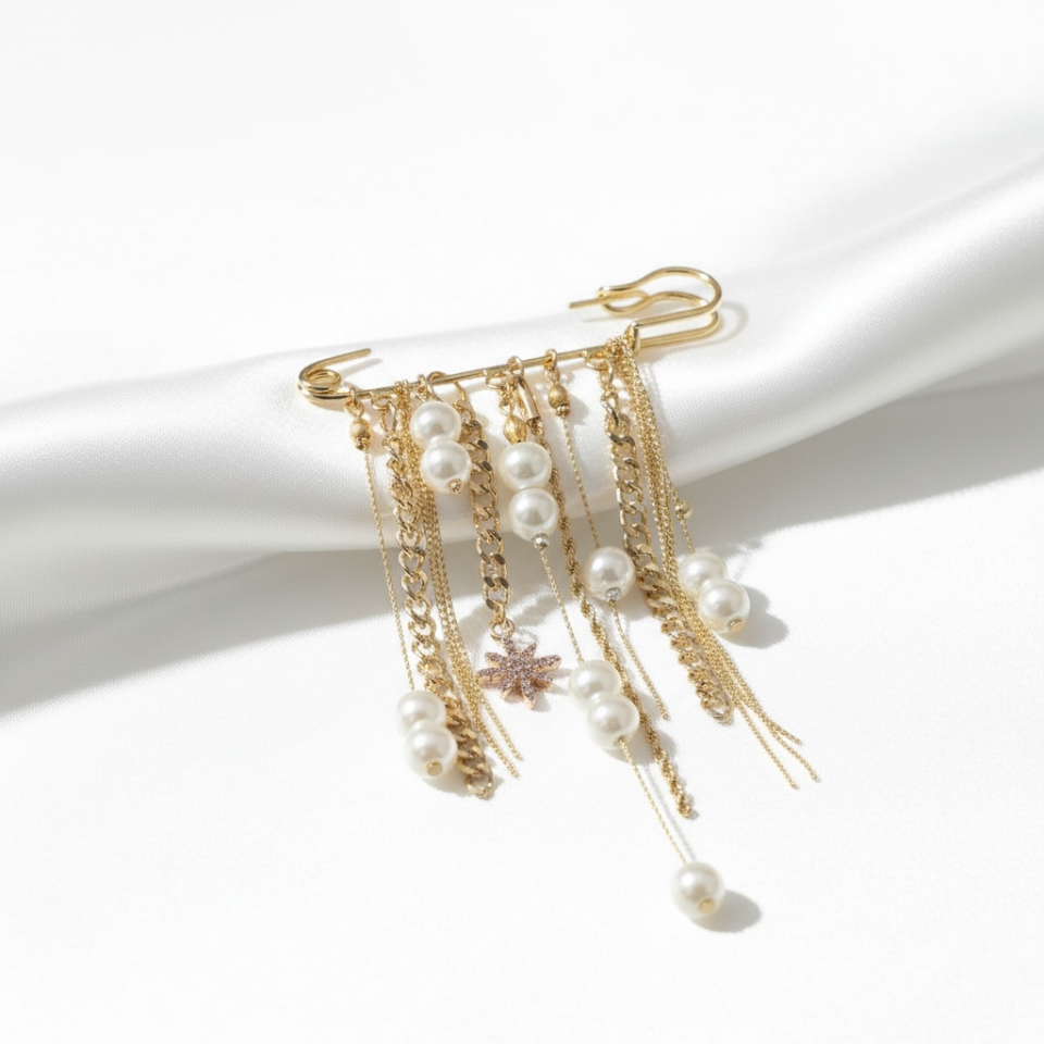 Lumiere No. 03: İnci Detaylı ve Yıldız Figürlü Modern Tılsım Broş