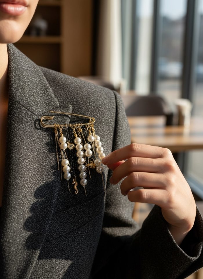 Lumiere No. 04: İnciler ve Siyah Zincir Detaylı Maximalist Broş