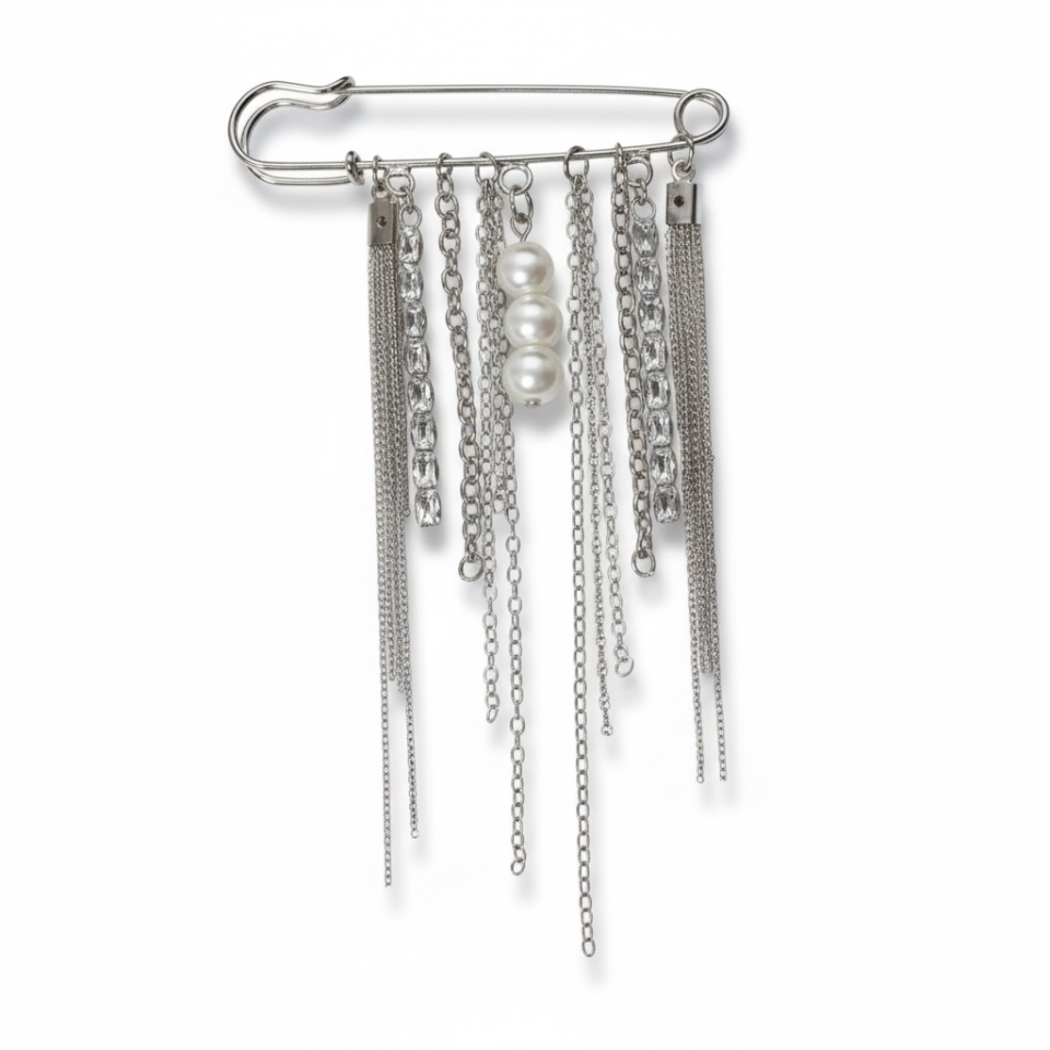 Lumiere No. 06: Kristal Şelale ve İnci Detaylı Minimalist Silver Broş