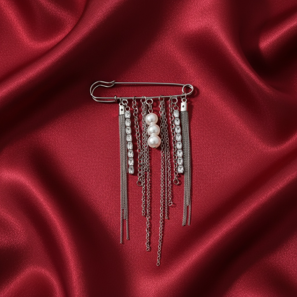 Lumiere No. 06: Kristal Şelale ve İnci Detaylı Minimalist Silver Broş