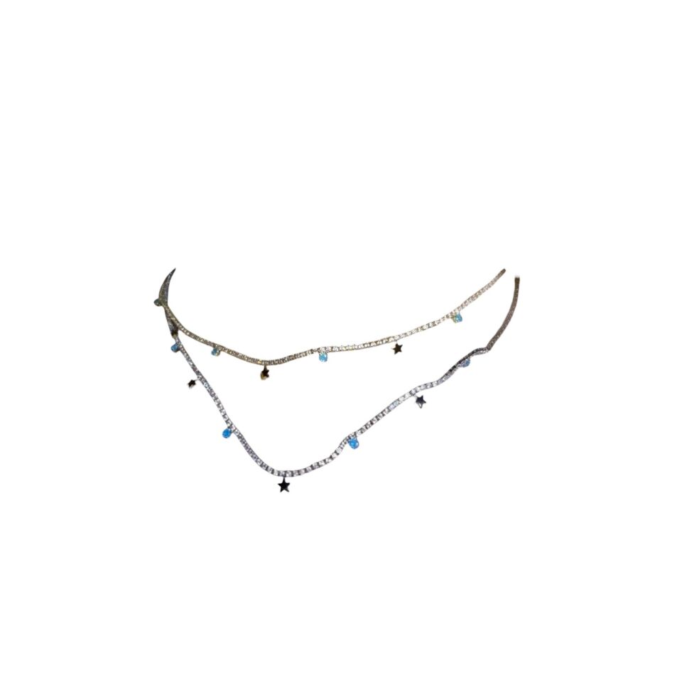 Turkuaz ve Yıldız Charm Detaylı Su Yolu (Tenis) Gümüş Rengi Kolye GOLD