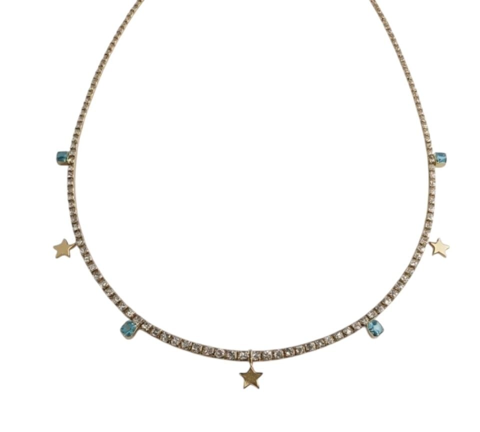 Turkuaz ve Yıldız Charm Detaylı Su Yolu (Tenis) Gümüş Rengi Kolye GOLD