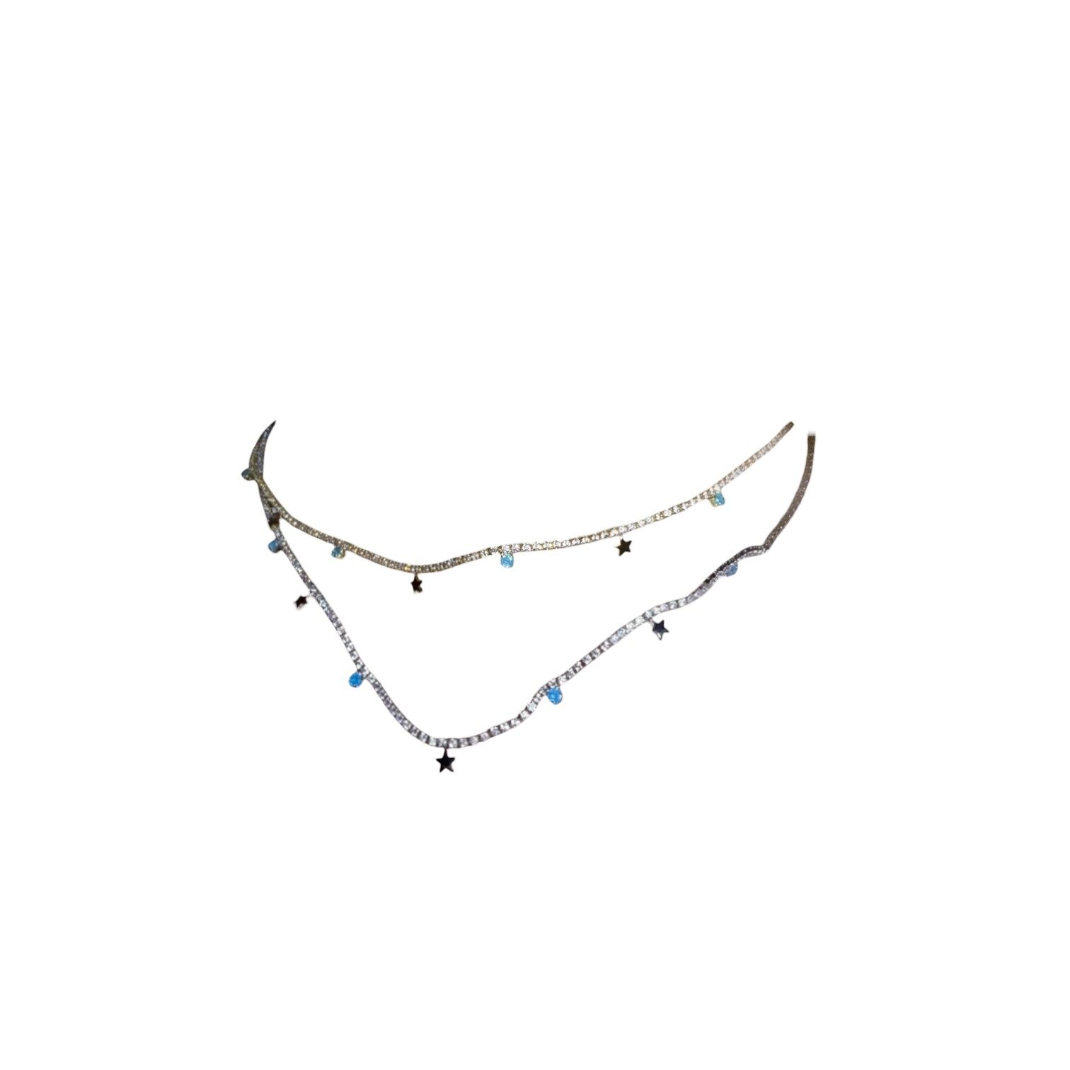 Turkuaz ve Yıldız Charm Detaylı Su Yolu (Tenis) Gümüş Rengi Kolye GOLD