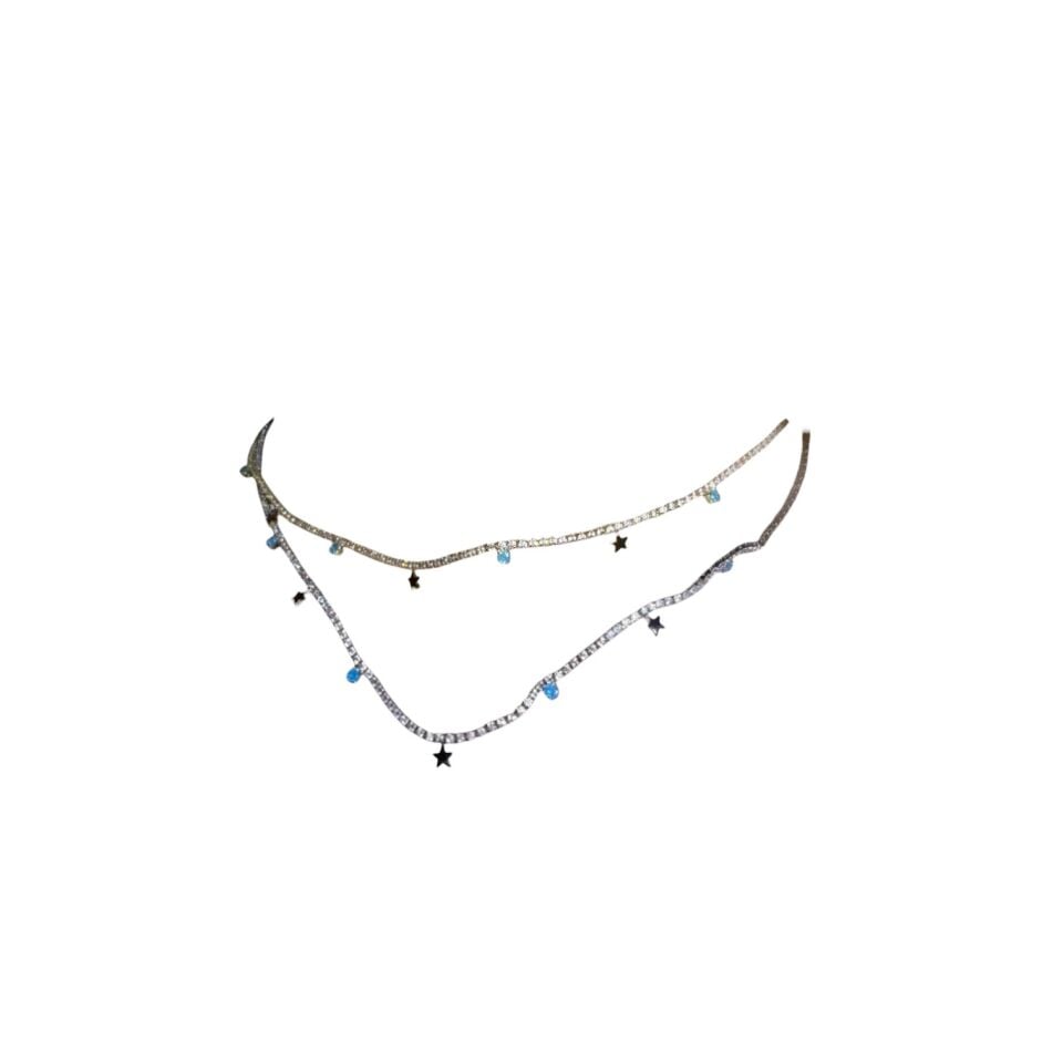 Turkuaz ve Yıldız Charm Detaylı Su Yolu (Tenis) Gümüş Rengi Kolye GOLD
