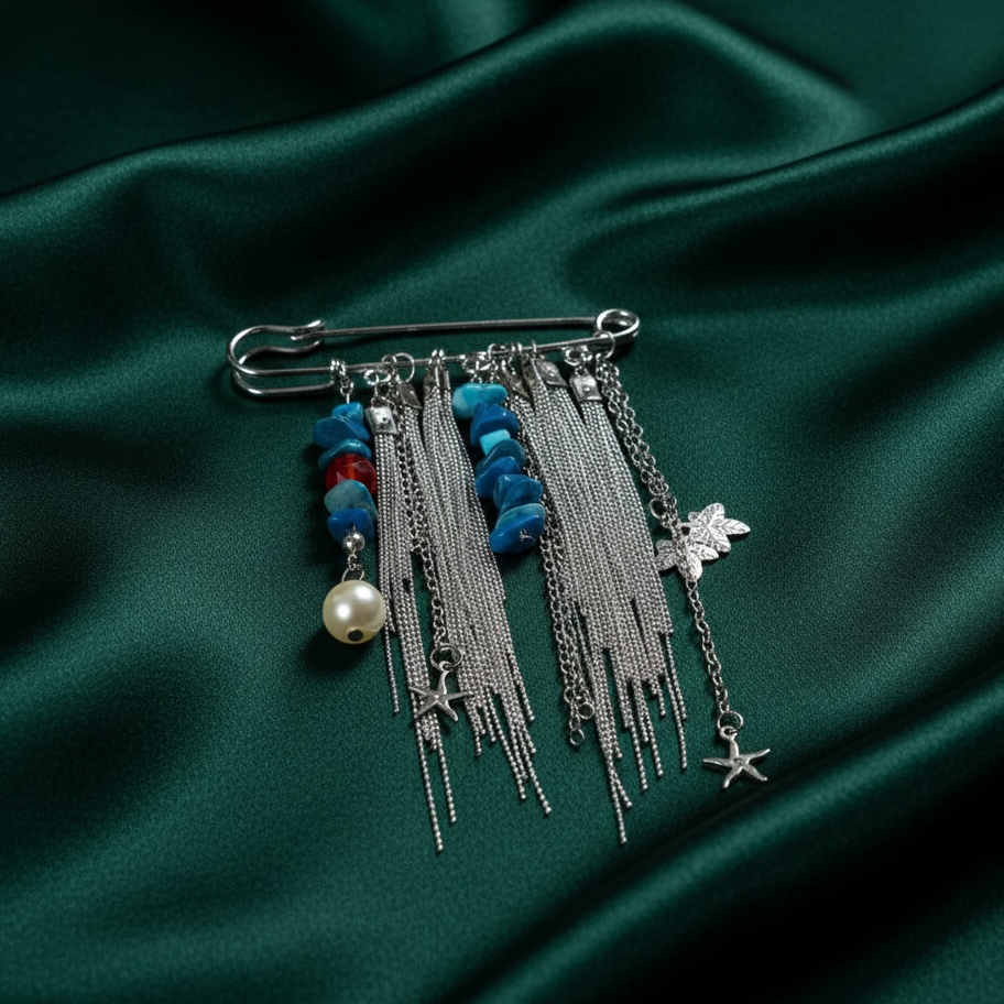 Lumiere No. 08: Turkuaz Taşlı ve Deniz Yıldızı Detaylı Gümüş Şelale Broş