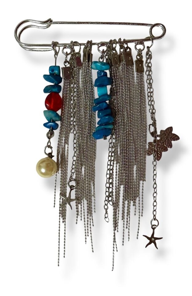 Lumiere No. 08: Turkuaz Taşlı ve Deniz Yıldızı Detaylı Gümüş Şelale Broş