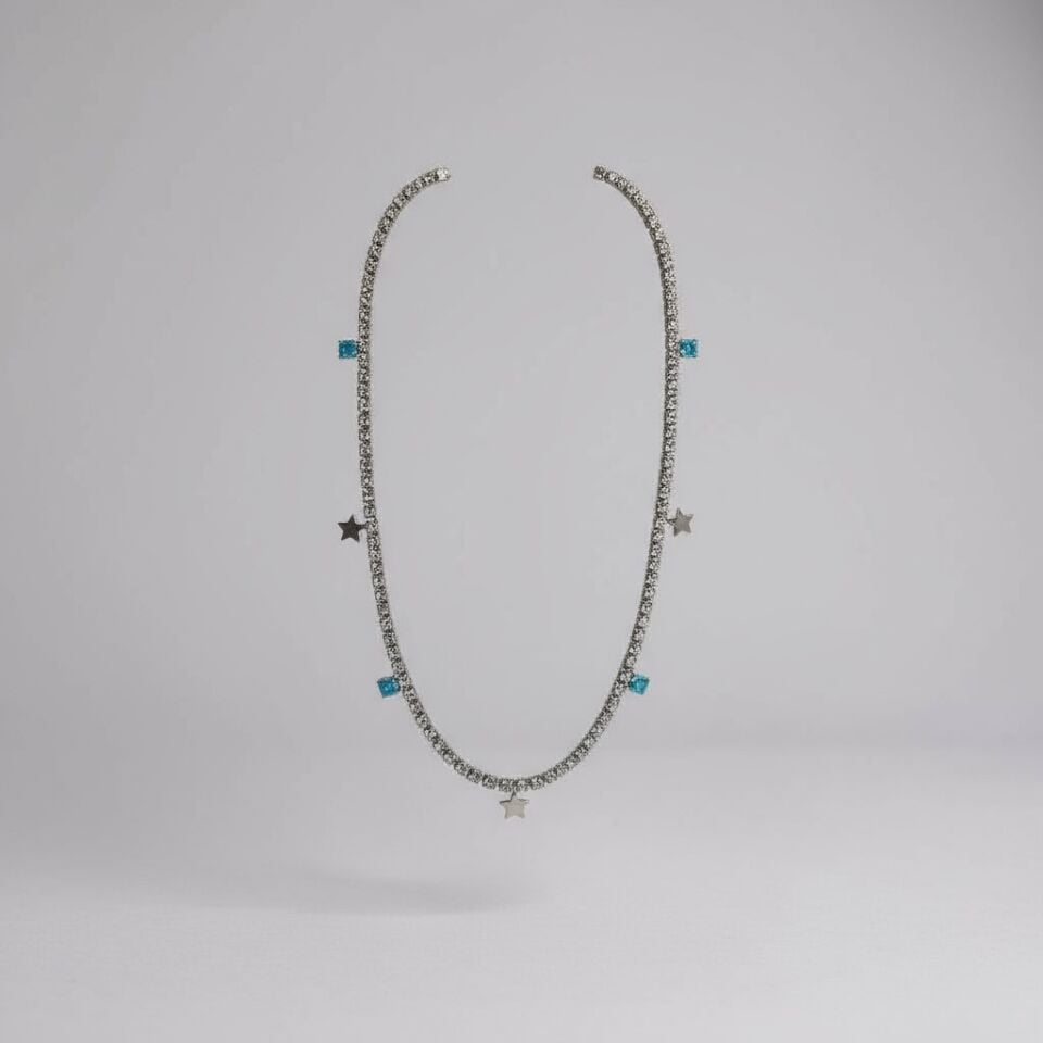 Turkuaz ve Yıldız Charm Detaylı Su Yolu (Tenis) Gümüş Rengi Kolye SILVER