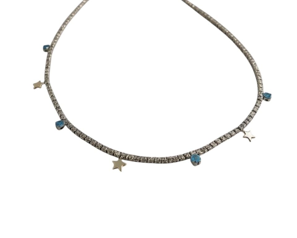 Turkuaz ve Yıldız Charm Detaylı Su Yolu (Tenis) Gümüş Rengi Kolye SILVER