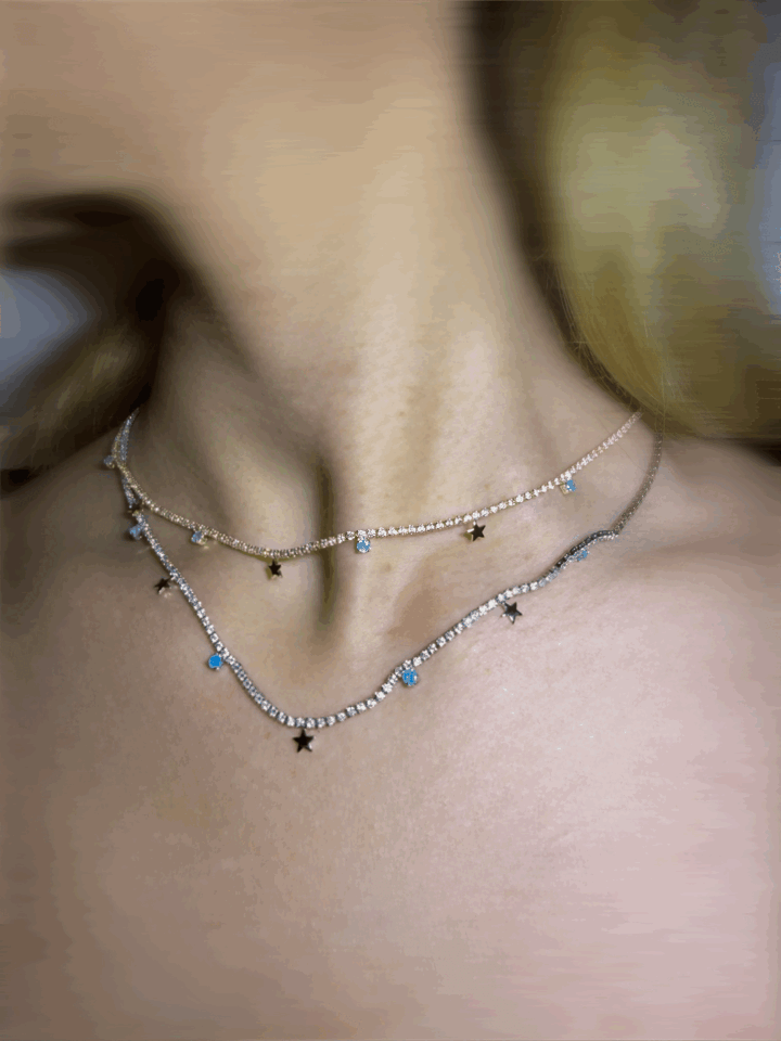 Turkuaz ve Yıldız Charm Detaylı Su Yolu (Tenis) Gümüş Rengi Kolye SILVER