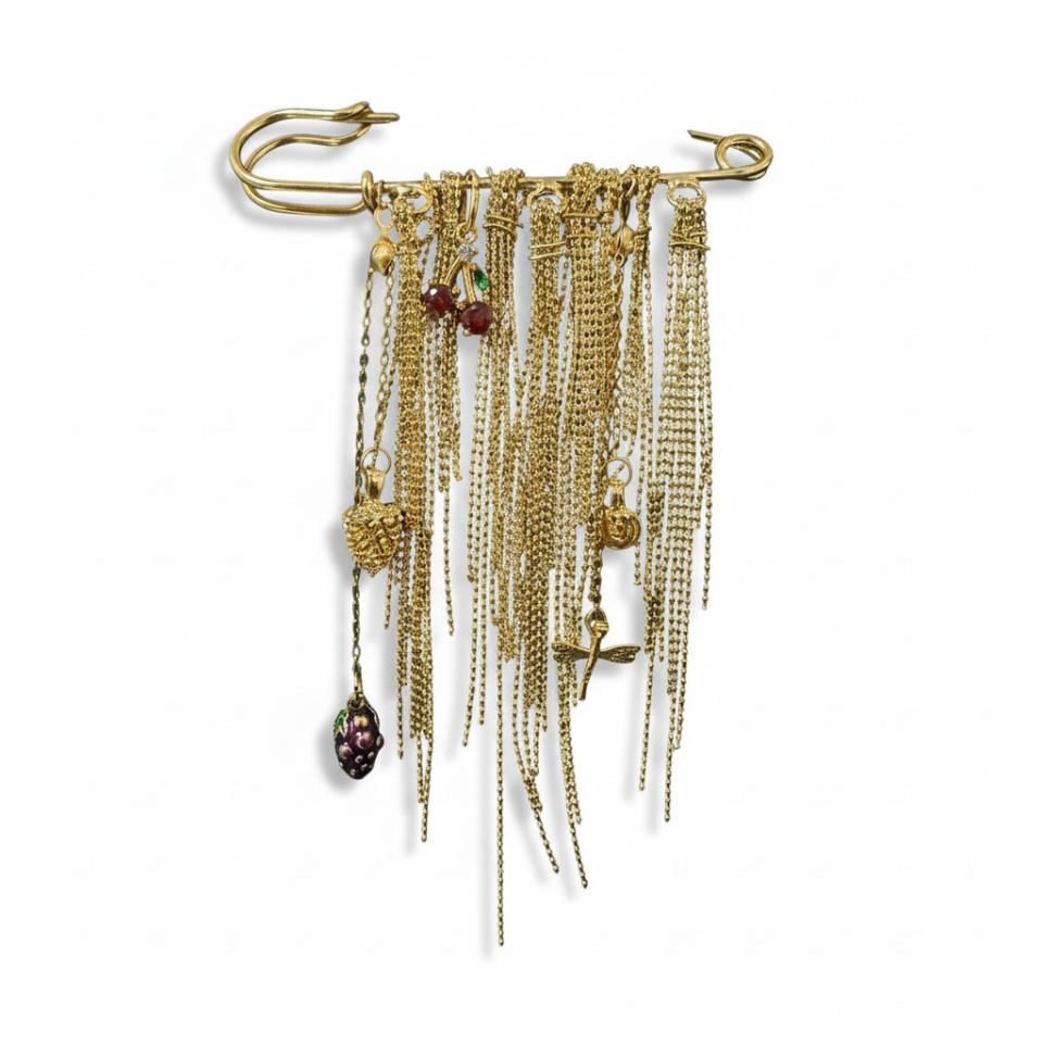 Lumiere No. 09: Kiraz Figürlü ve Yusufçuk Detaylı Altın Şelale Broş