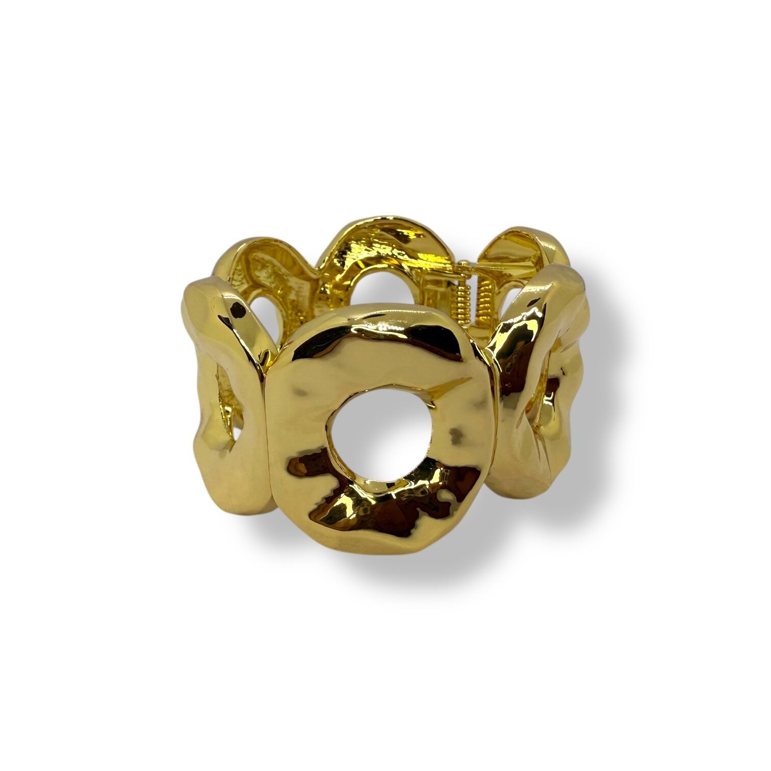 Kalın Organik Formlu Delikli Halka Detaylı Gold Kelepçe Bilezik