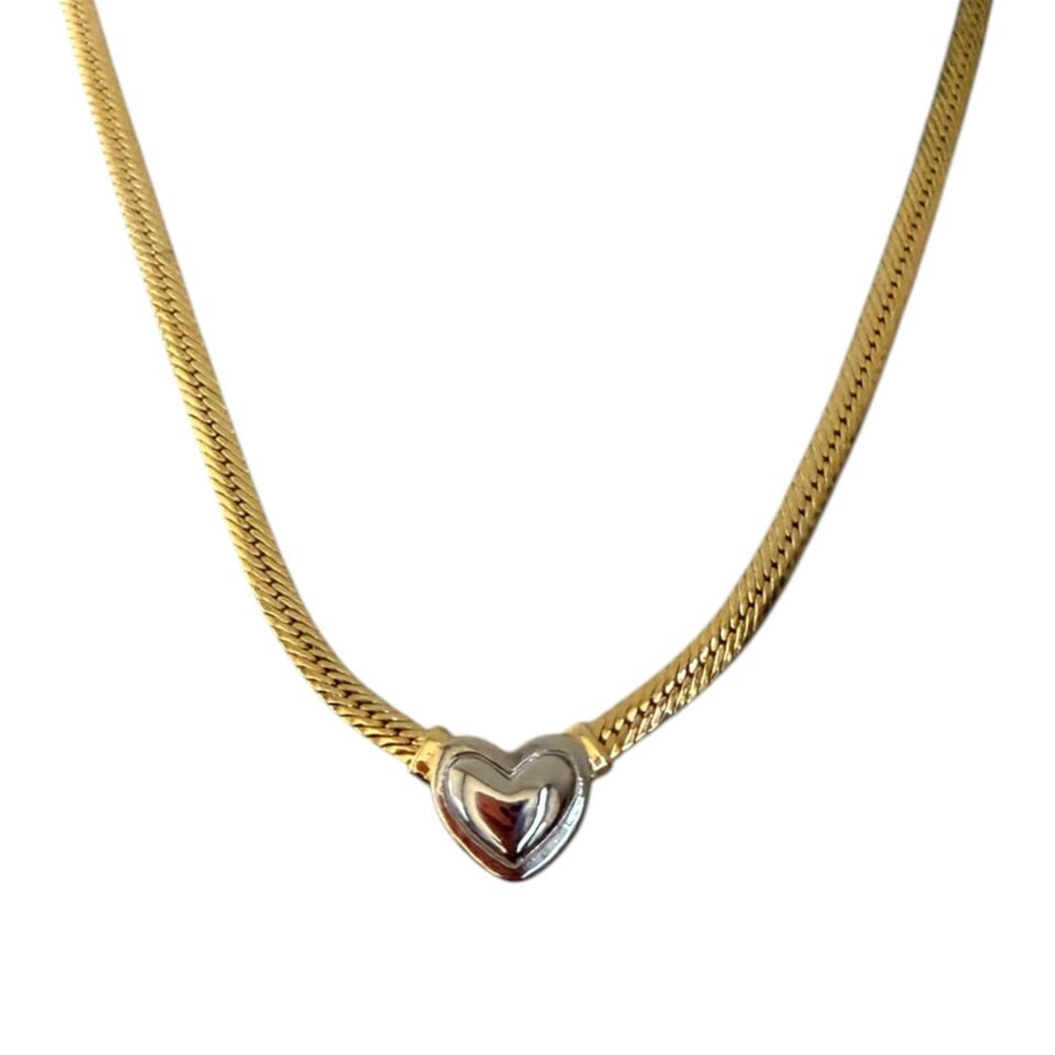 İki Renkli Kalp Figürlü Yassı Zincir Kolye - Altın ve Gümüş Uyumlu İtalyan Model