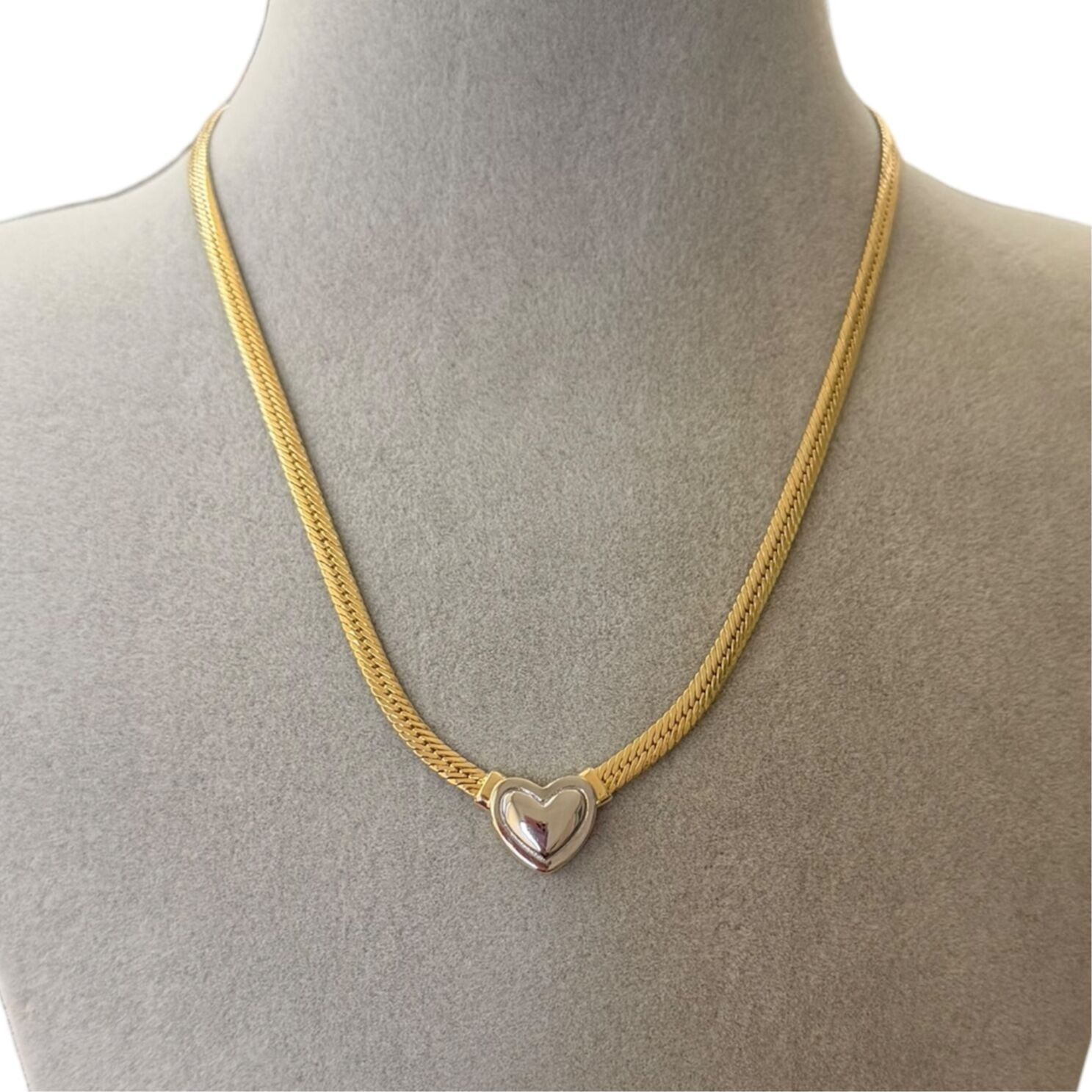 İki Renkli Kalp Figürlü Yassı Zincir Kolye - Altın ve Gümüş Uyumlu İtalyan Model