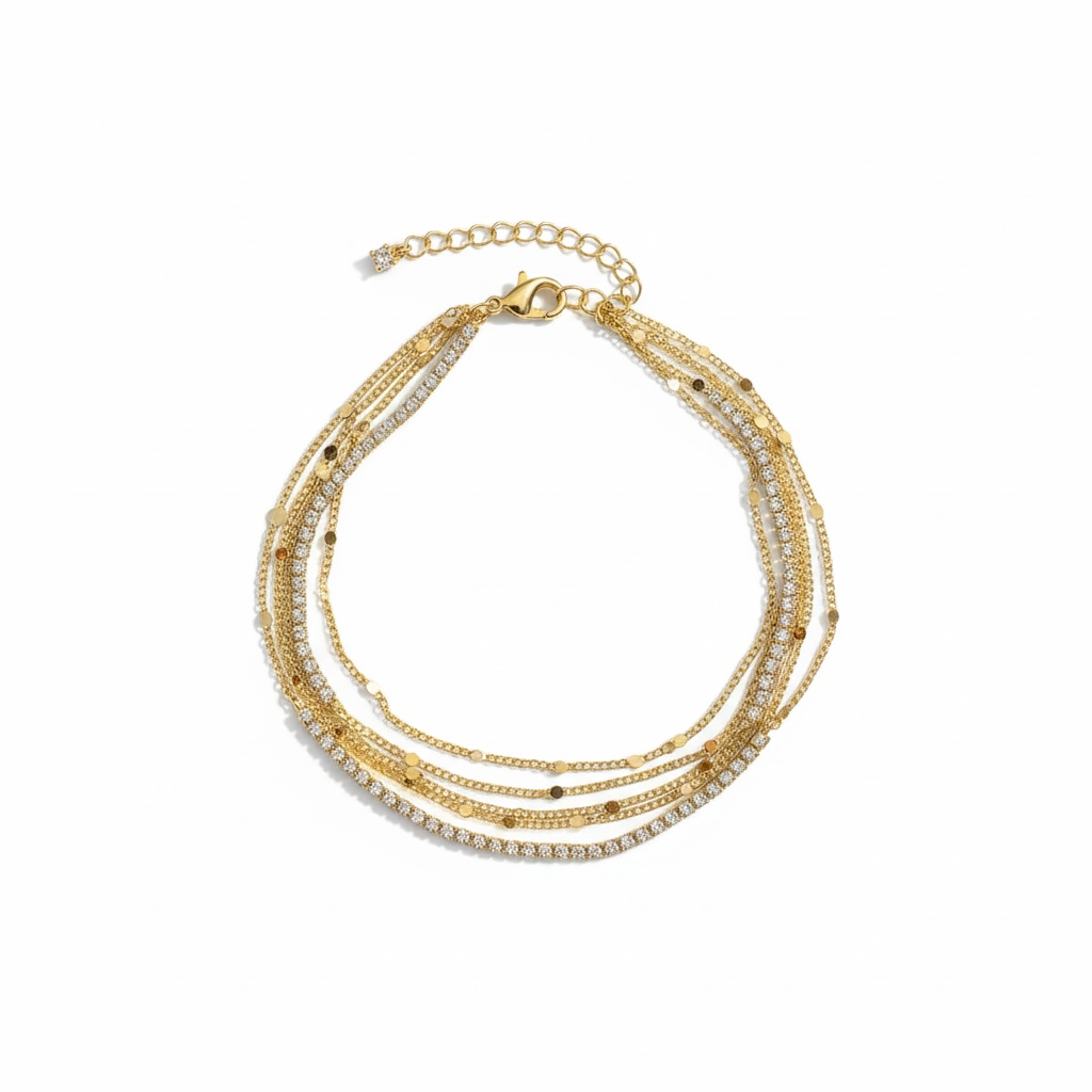 Altın Rengi Çoklu İnce Zincir Zirkon Taşlı Bileklik