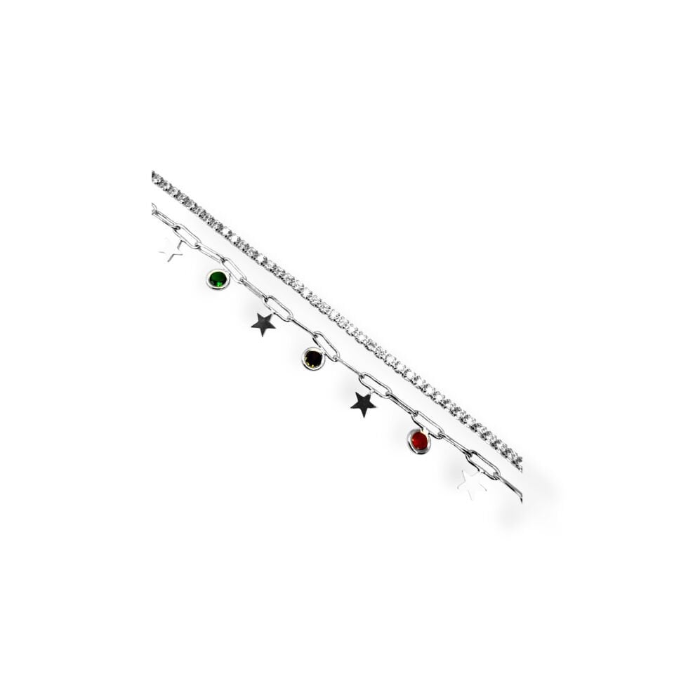 İkili Sıralı Taş ve Yıldız Detaylı Gold Bileklik  (SILVER)