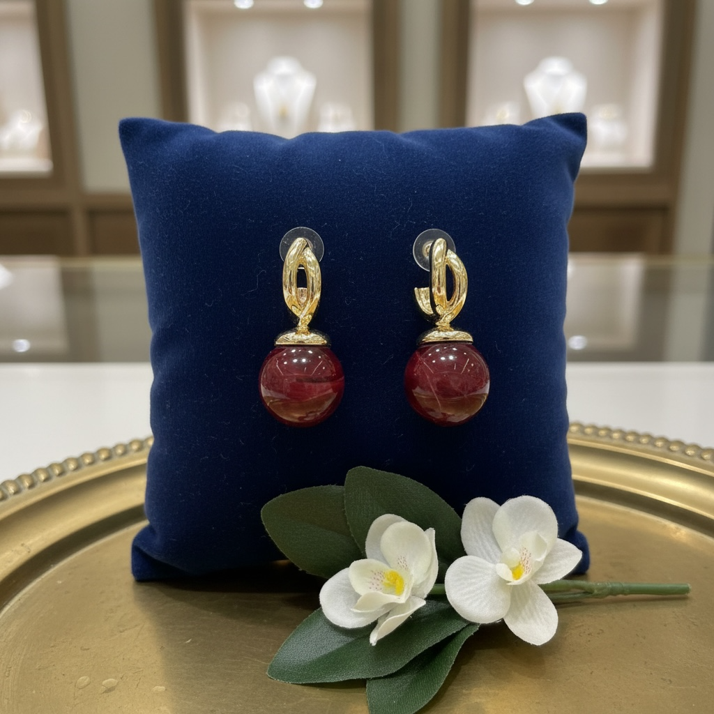 Bordo Mermer Desenli Altın Rengi Sallantılı Küpe