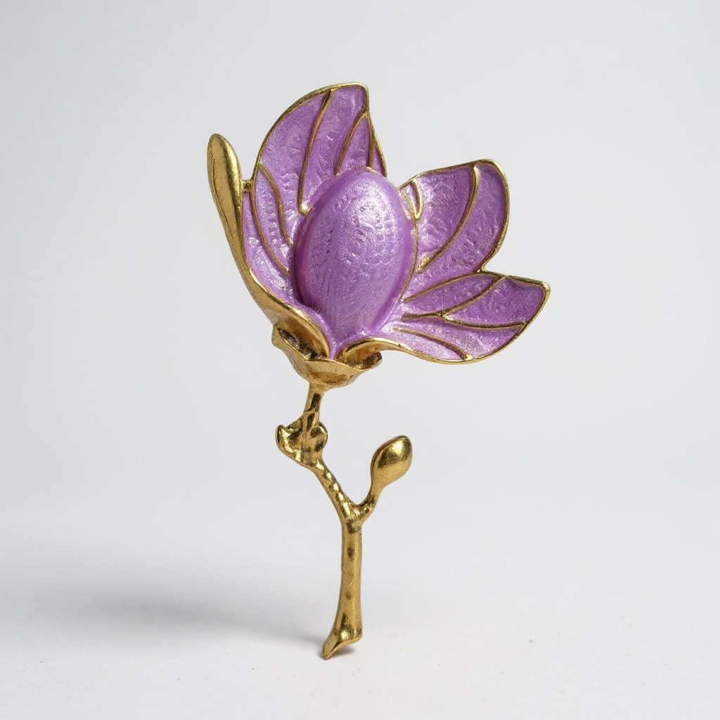 Lila Mineli Orta Boy Altın Rengi Çiçek Broş