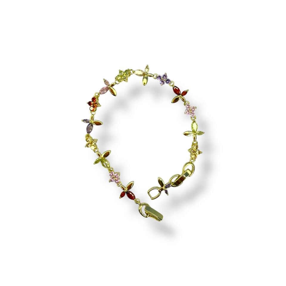 Çok Renkli Zirkon Yonca/Çiçek Formlu Narin Gold Bileklik