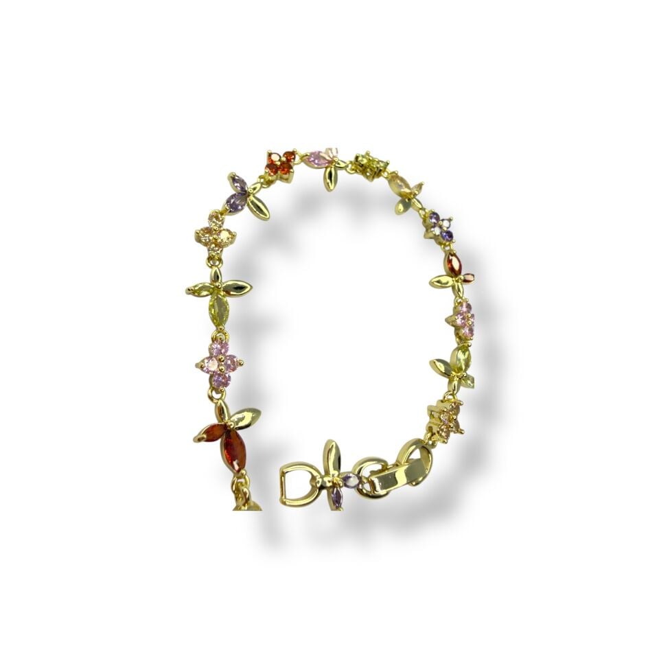 Çok Renkli Zirkon Yonca/Çiçek Formlu Narin Gold Bileklik