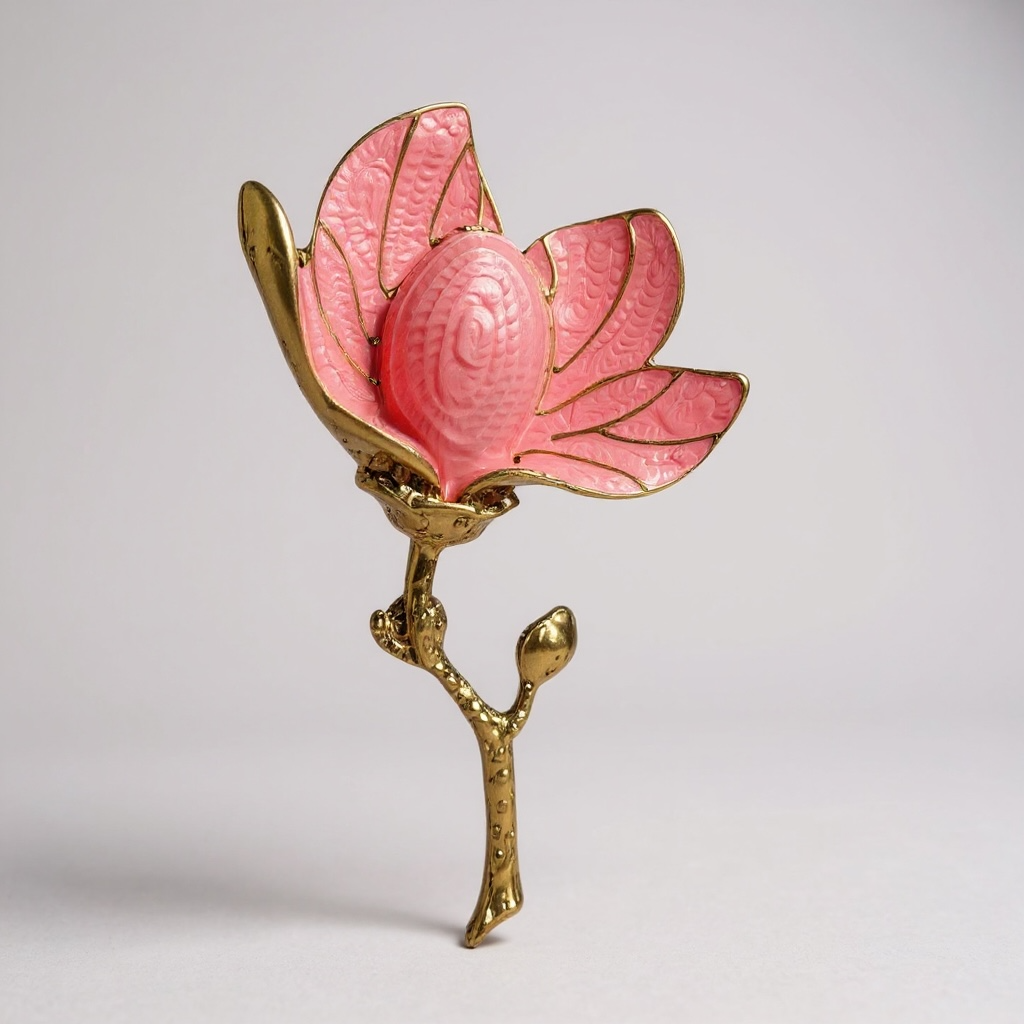 Pembe Mineli Orta Boy Altın Rengi Çiçek Broş