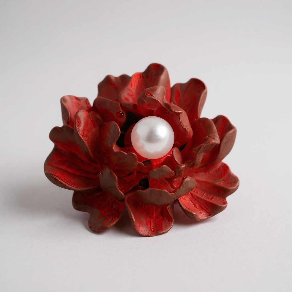 İncili Kırmızı Katmerli Çiçek Broş