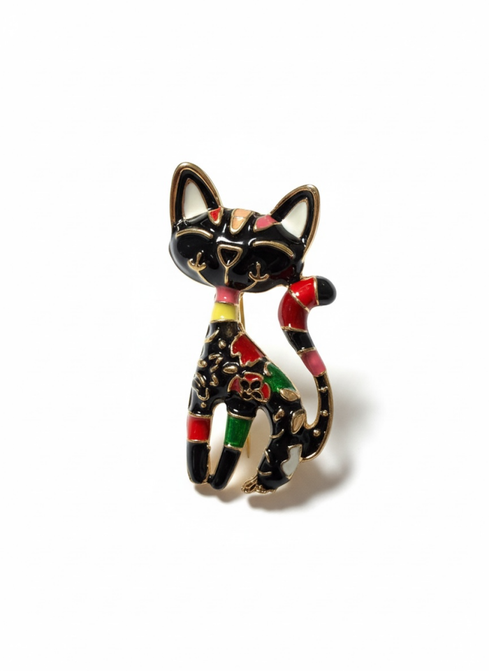 Gold Detaylı Geometrik Desenli Kedi Broş