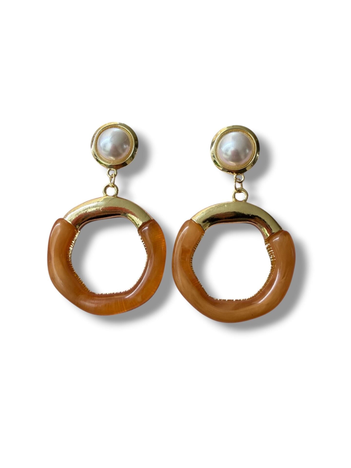 İnci ve Kehribar Renkli Modern Geometrik Gold Küpe