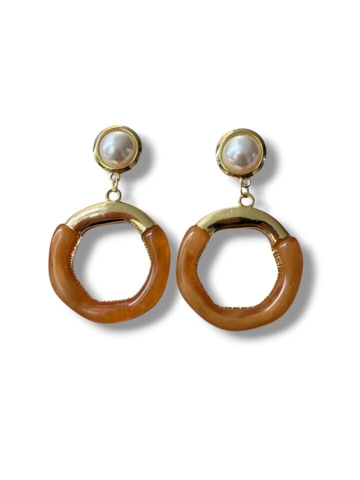 İnci ve Kehribar Renkli Modern Geometrik Gold Küpe