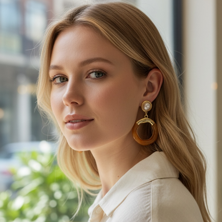 İnci ve Kehribar Renkli Modern Geometrik Gold Küpe